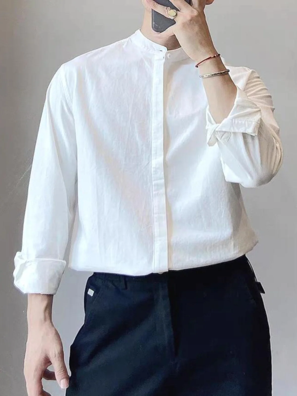 

Мужская рубашка Slim Fit с длинным рукавом, повседневная, для работы, однотонная, с воротником на пуговицах, молодежная, модная, весна-осень