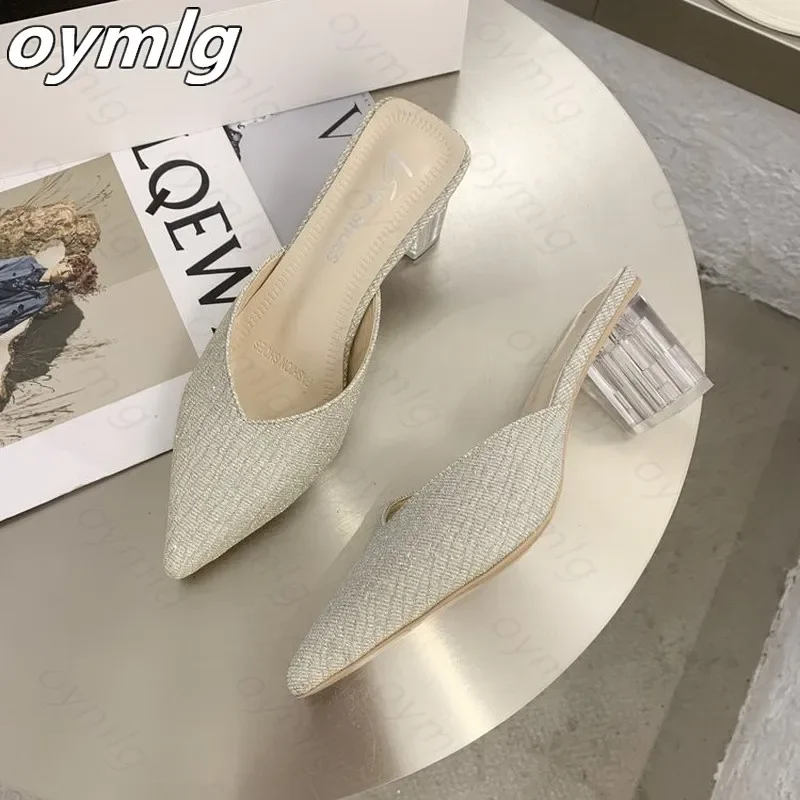 Baotou Half Drag Women's Summer Wear 2021 New Korean Thick Heel Pointed Sequin Fashion Crystal Heel Shoes
