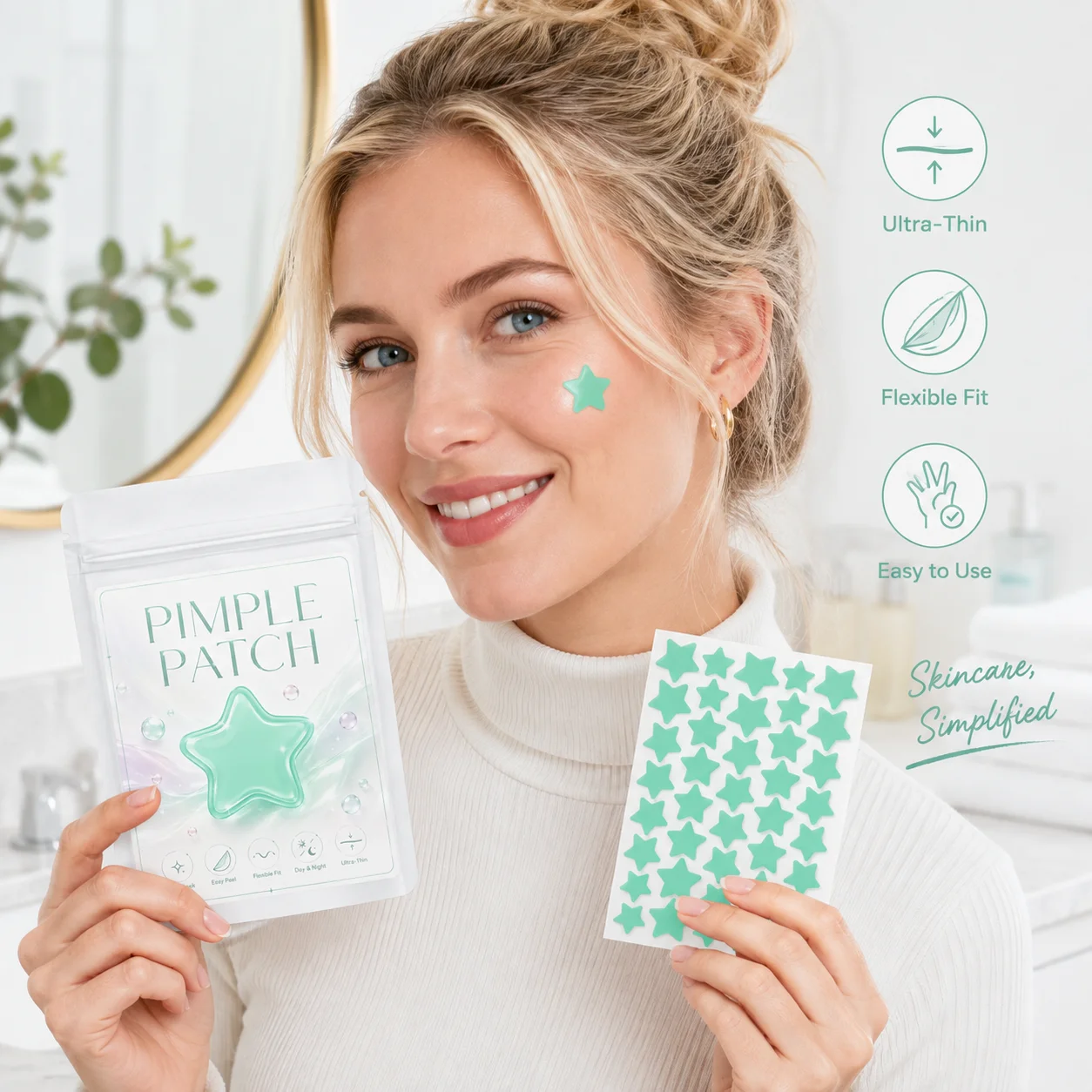 Pimple Patches (160/320/600 Pieces), 40 Patches per Sheet, Mint Green Star Shapes—Lightweight, Flexible, Soft Pastel Style