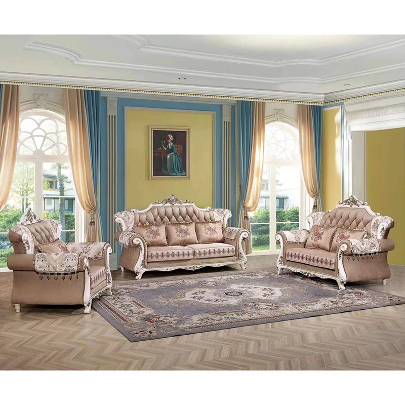 

Classic Design Royal Wood Frame Luxury Fabric Sofa Set Furniture European Style Villa Home Living Room Sectional Sofa