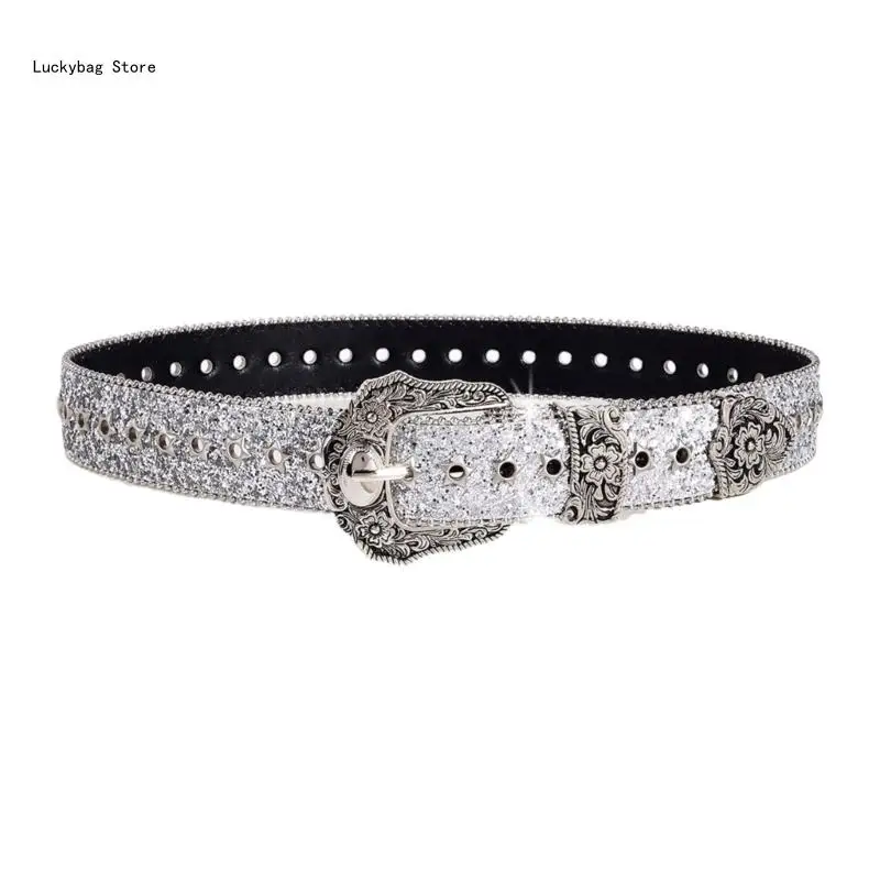 Sequined Waist Belt Glinting Carving Buckle with Encrusted Glitter Eyelets