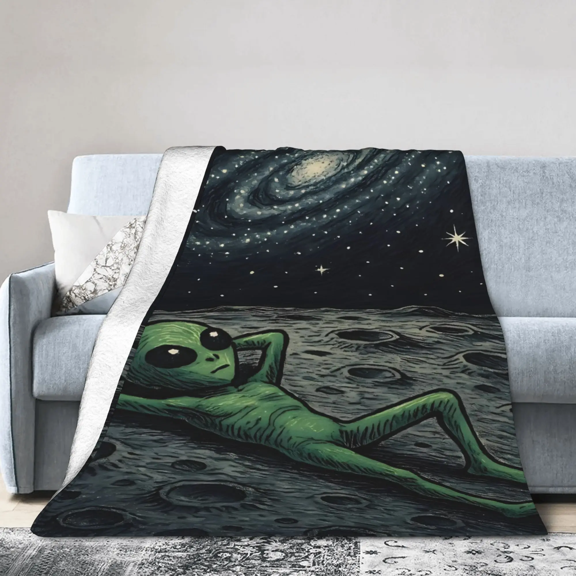 Green Alien Lying On Moon Surface Starry Galaxy Van Gogh Style Flannel Blanket Soft Bedding Throws for Chair Bedspread Cover