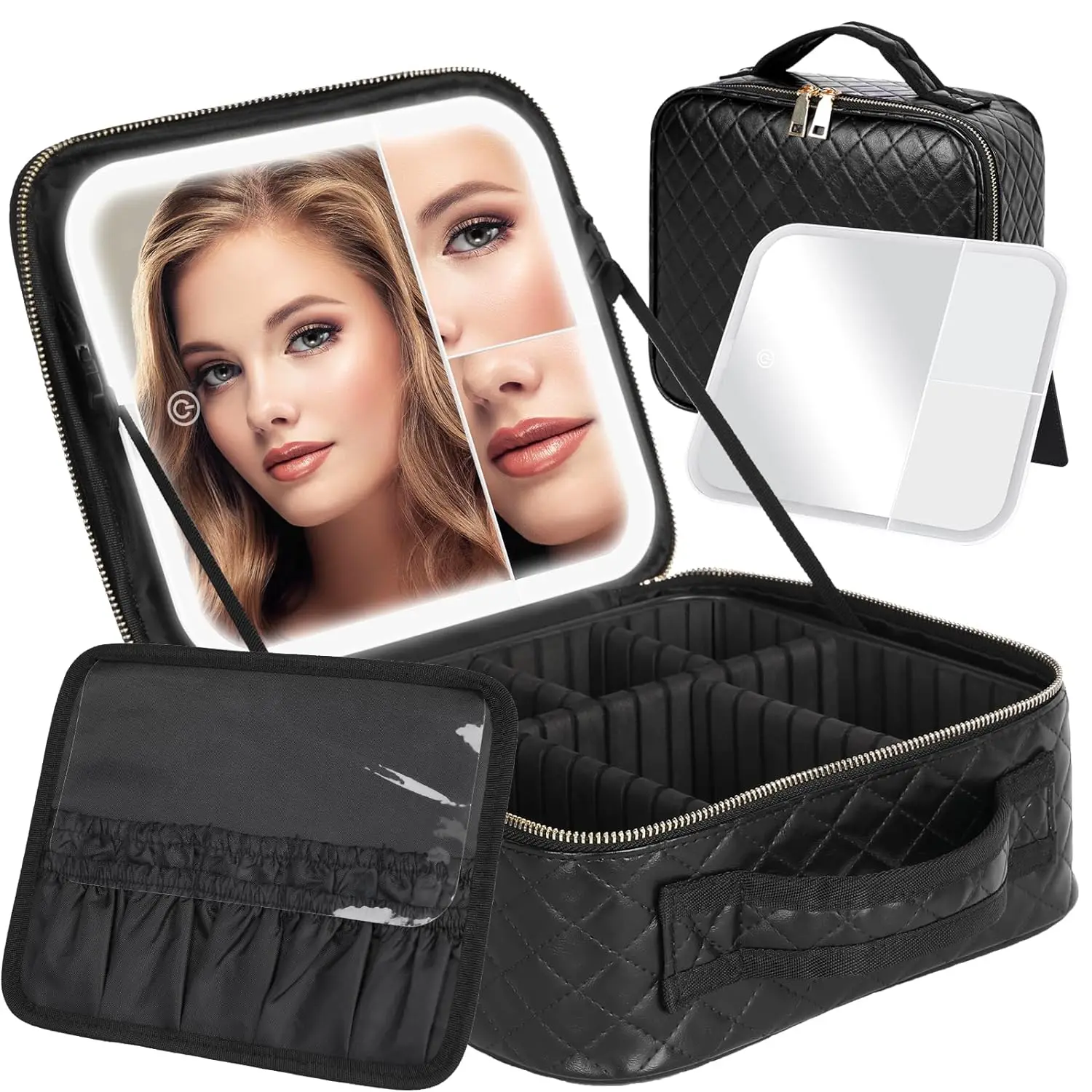 

Portable Travel Makeup Storage Box With Light Up Mirror With 2X3X Magnifying Mirror 3 Color Lights Adjustable Partitions With Fo
