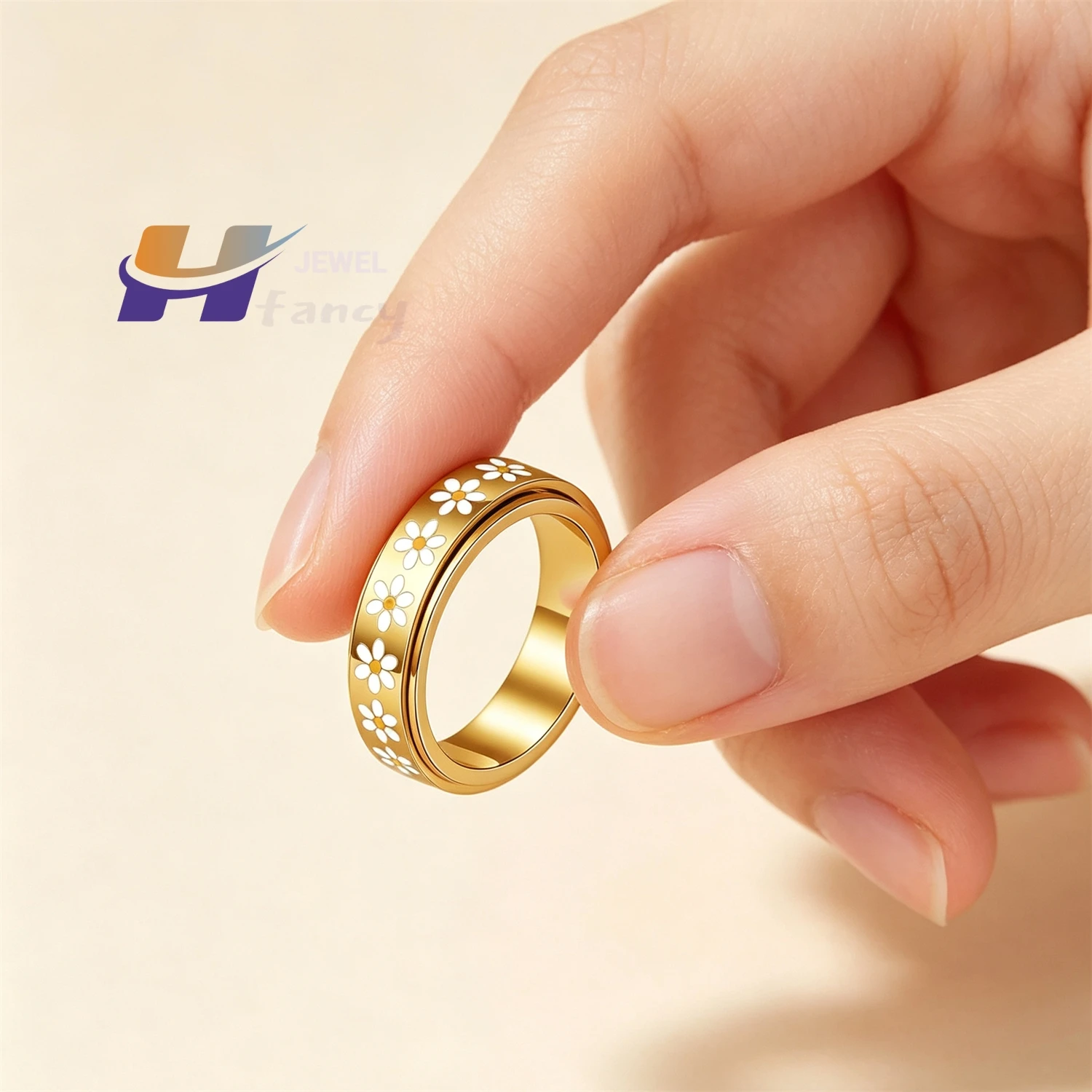 Trendy Flower Daisy Rotating Titanium Steel Ring Unisex, Anxiety Relief Spinner, Adjustable Couple Gift, Stress Reducing Band