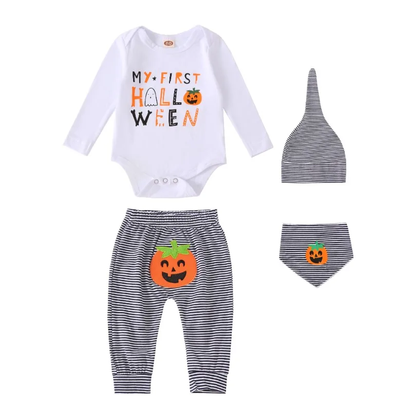 

Pumpkin Halloween Baby Clothes Set including Onesie Hat+ Bib +Hoodie +Striped Pants 4 Pcs Set Girl Outfit Set