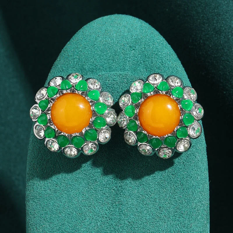 

Vintage Round Yellow Agate Earrings Stud flower Green Glazed Crystal Rhinestone Woman Summer Luxury Quality Jewelry 2026 Trends