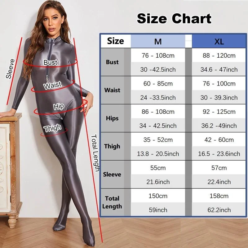 Womens Shiny Satin Glossy Silky Leotard Jumpsuit 2 Zipper Open Bust & Crotch Bodysuit Catsuit