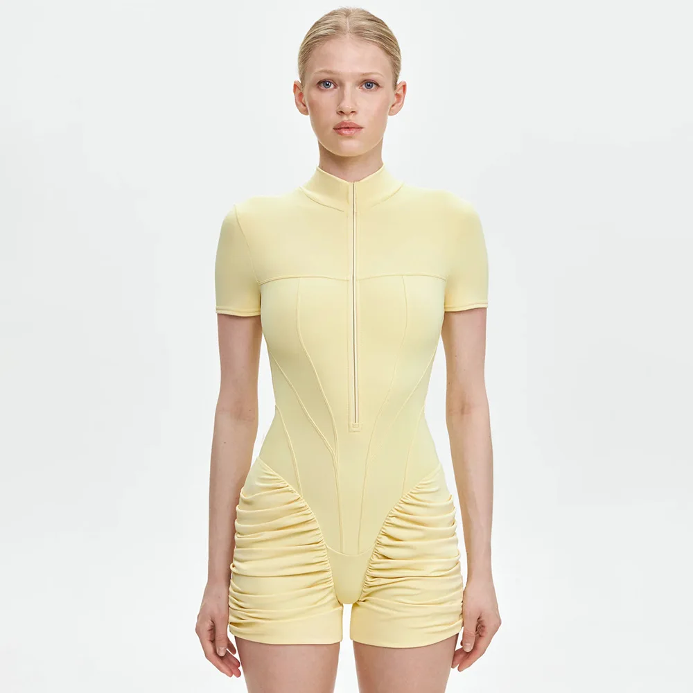 European and American Style Ins-Style Zip-Up Short-Sleeve Jumpsuit with Waist-Cinching, Body-Shaping, Ruched, Butt-Hugging, Sexy Slim-Fit Bodysuit