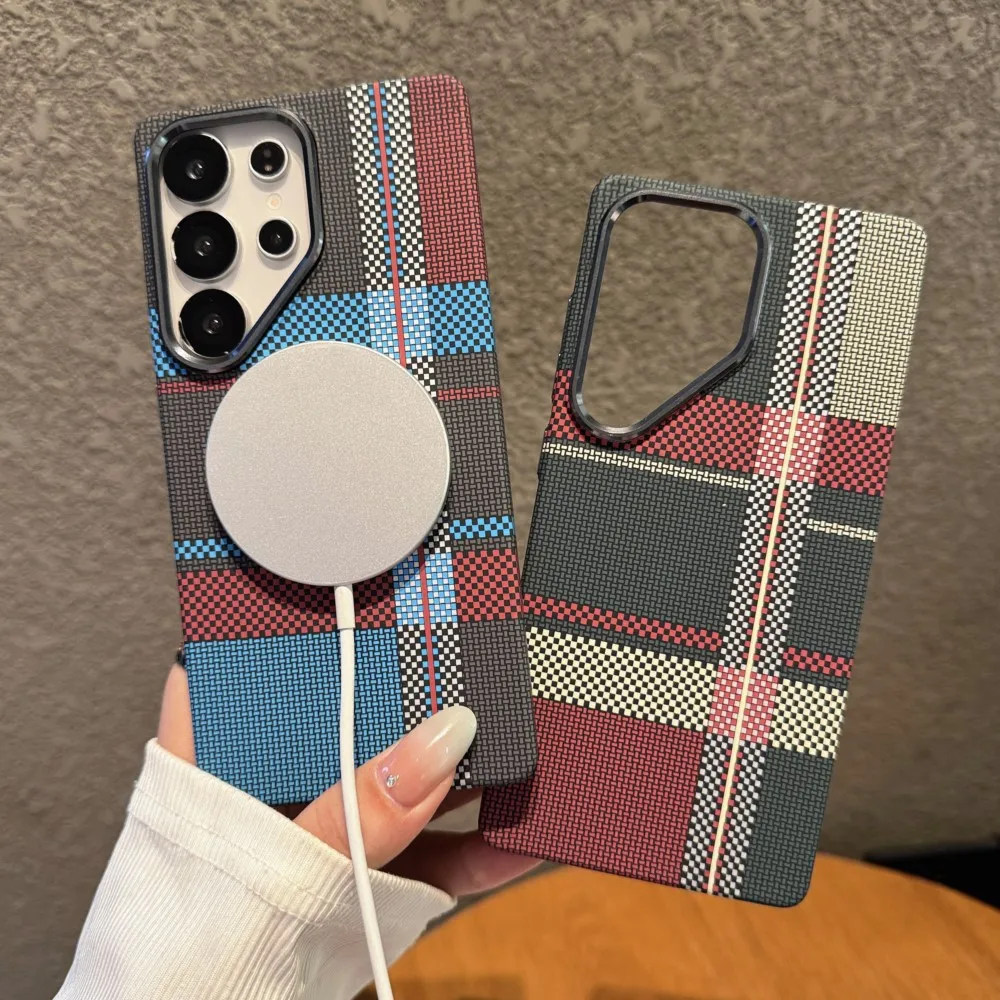 4c51For Samsung S25 S23 S24Ultra Plus Carbon Fibre Pattern MagSafe Phone Case Wireless Charging Shockproof Cover For Galaxy S25+