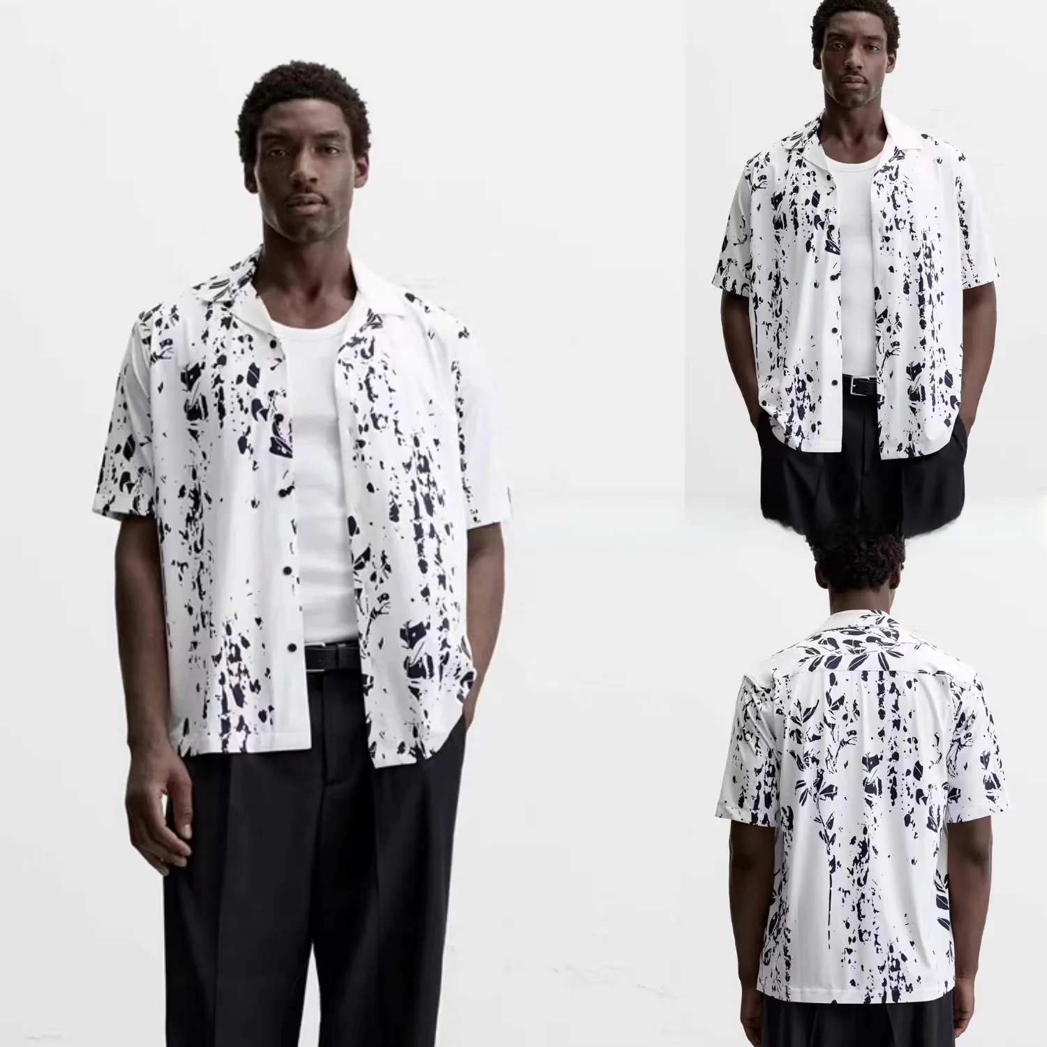 

Summer 2025 Men's Casual irt Le Print Elastic ort Sve Loose Fit Regular Length White irt for Youth Summer Wear