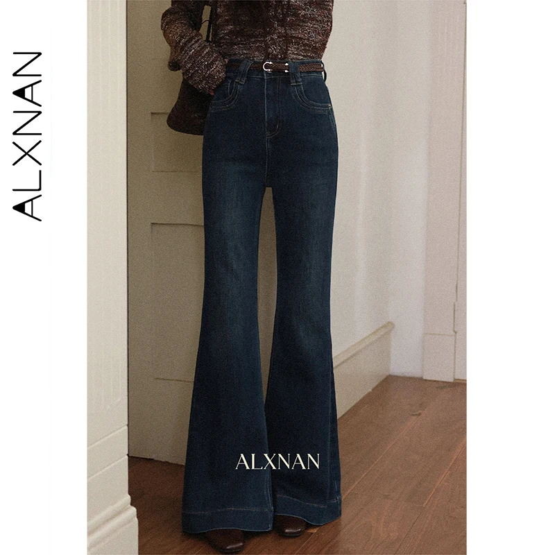 กางเกงยีนส์ทรงบานสีน้ำเงินเข้ม ALXNAN สำหรับผู้หญิง สไตล์วินเทจ เอวสูง ขากว้าง ทรงตรง ผ้าฝ้ายเดนิม ใส่สบายๆ ในฤดูใบไม้ร่วง รุ่น L57056