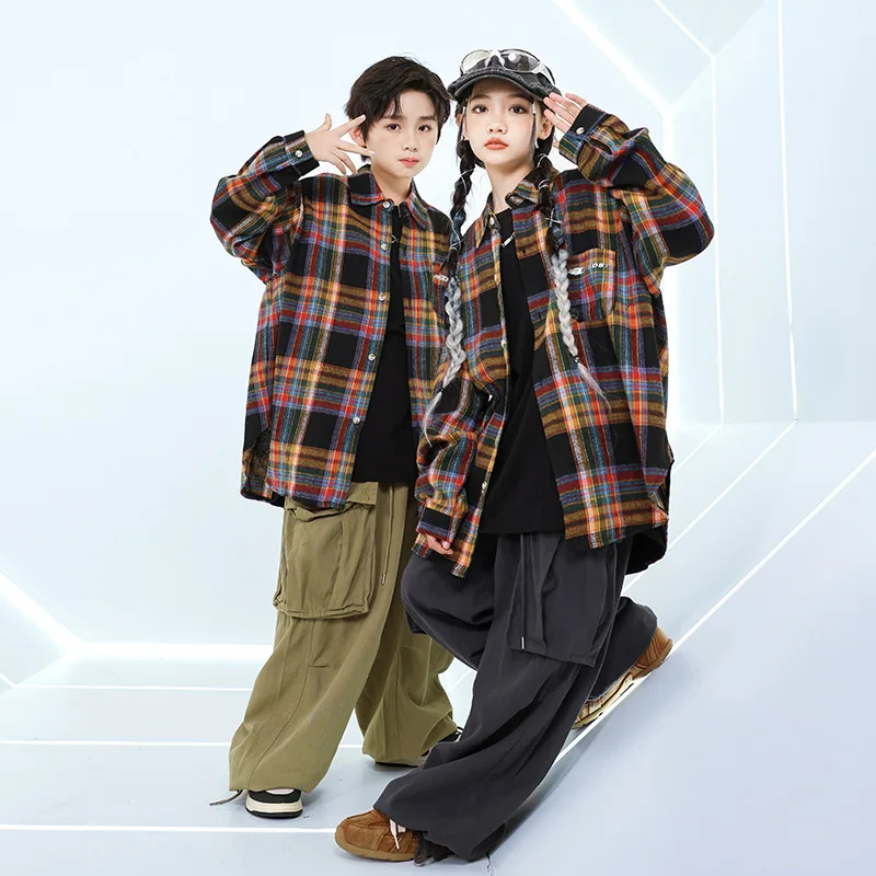 Costume Hip Hop pour garçons, chemise à carreaux à rayures, pantalon Cargo kaki/gris pour filles, danse de rue, vêtements de Jazz pour enfants, ensembles Streetwear pour enfants