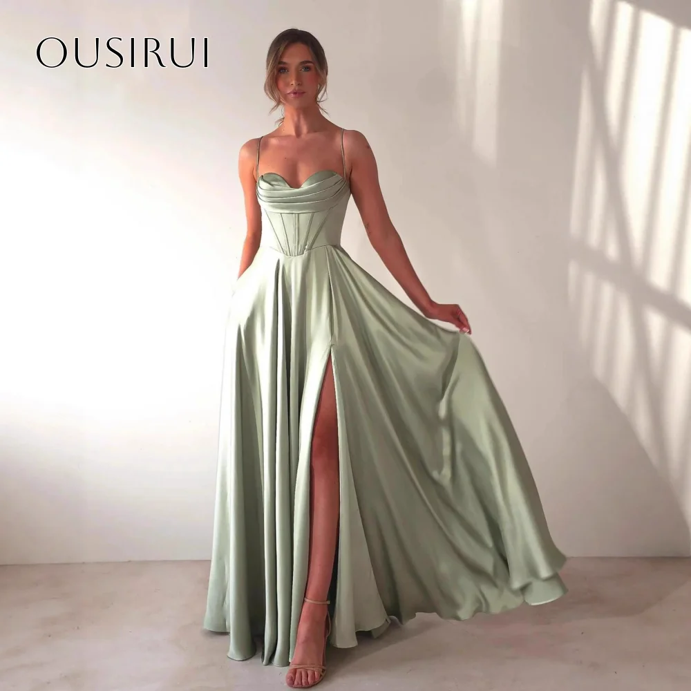 

Атласное платье для выпускного вечера на тонких бретелях, длиной в пол, с разрезом, А-силуэт, без рукавов, на заказ, платья для вечеринок Serene Hill