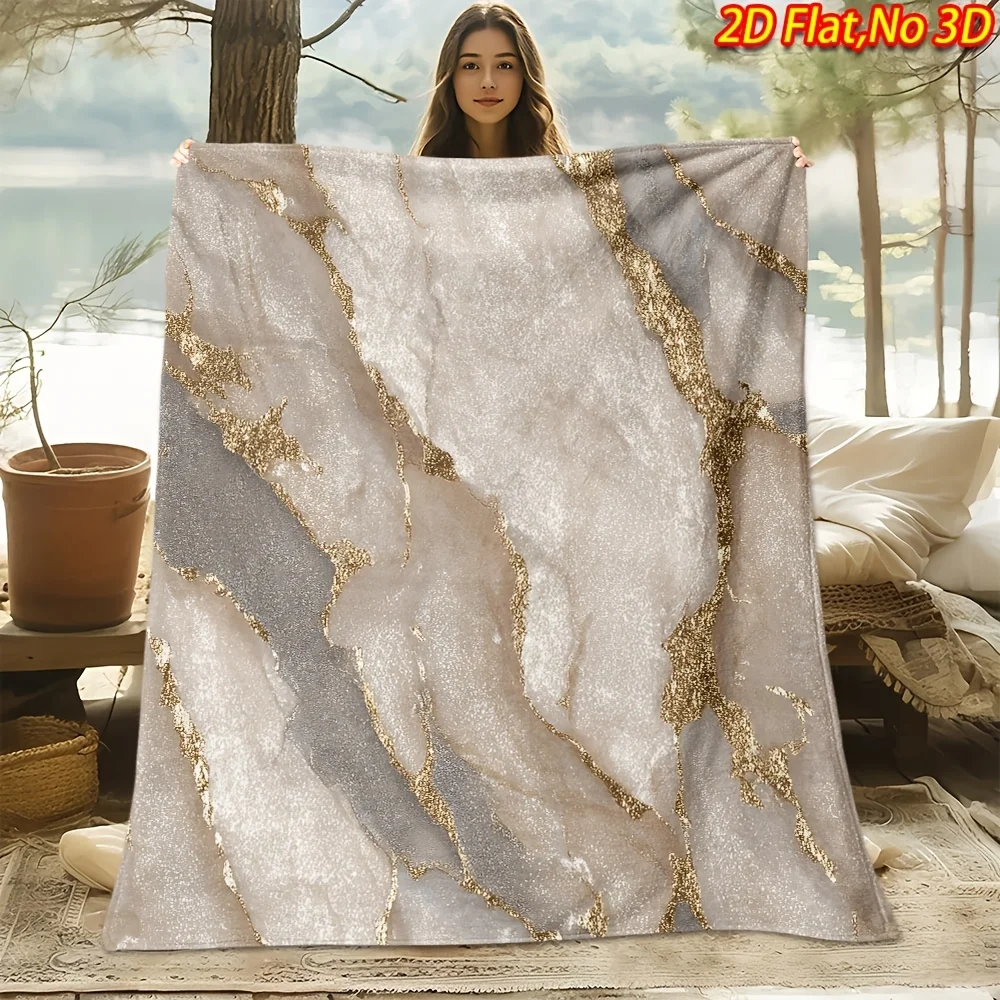 2D Flat Print, 1pc of Light Luxury Gilded Marble-style Throw Blanket/blanket, Featuring a Light Gray Base with Golden Foil Crack
