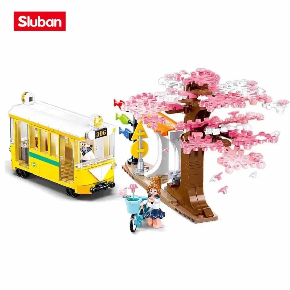 Sakura Tree Tram Station importer décennie ks, Bus, Train Platform, City View Model Bricks Set with Figures, Kids DIY Toys Gifts, 347PCs