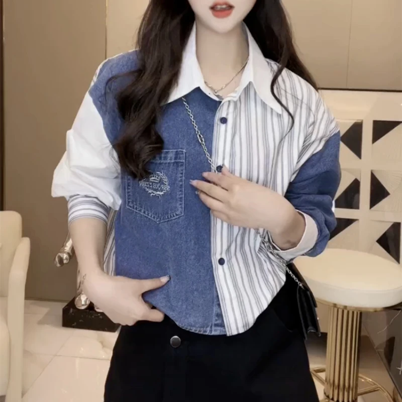 Korean Commute Spring Autumn New Blouses Women's Spliced Striped Denim Printed Pockets Button Polo-Neck Loose Long Sleeve Shirts