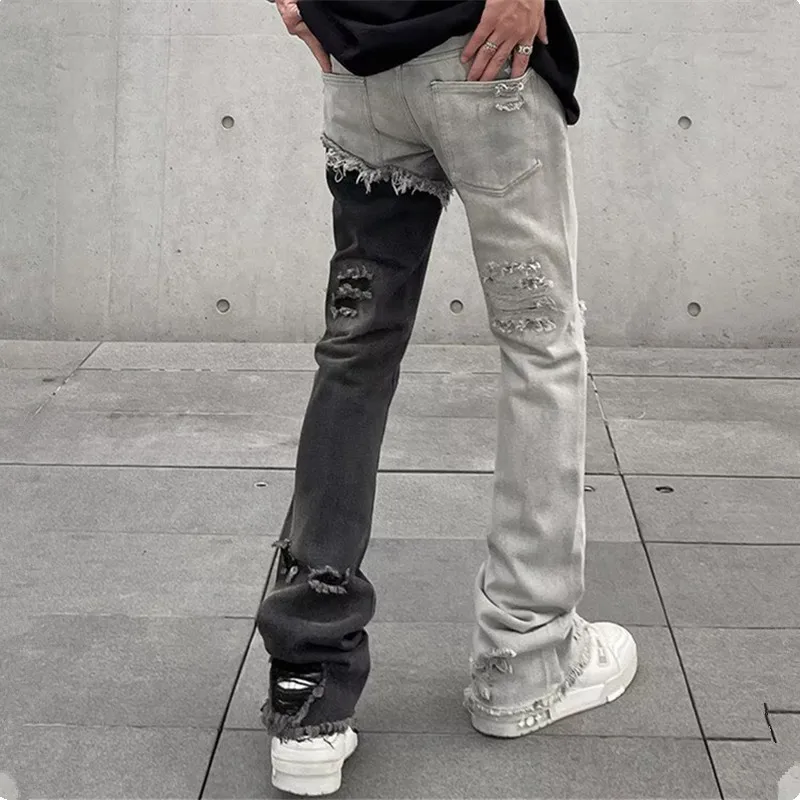 Mens Black Patchwork Washed Denim Pants Autumn New Distressed Design Ripped Jean Vintage Hole Flared Jeans Man Pantalones Hombre