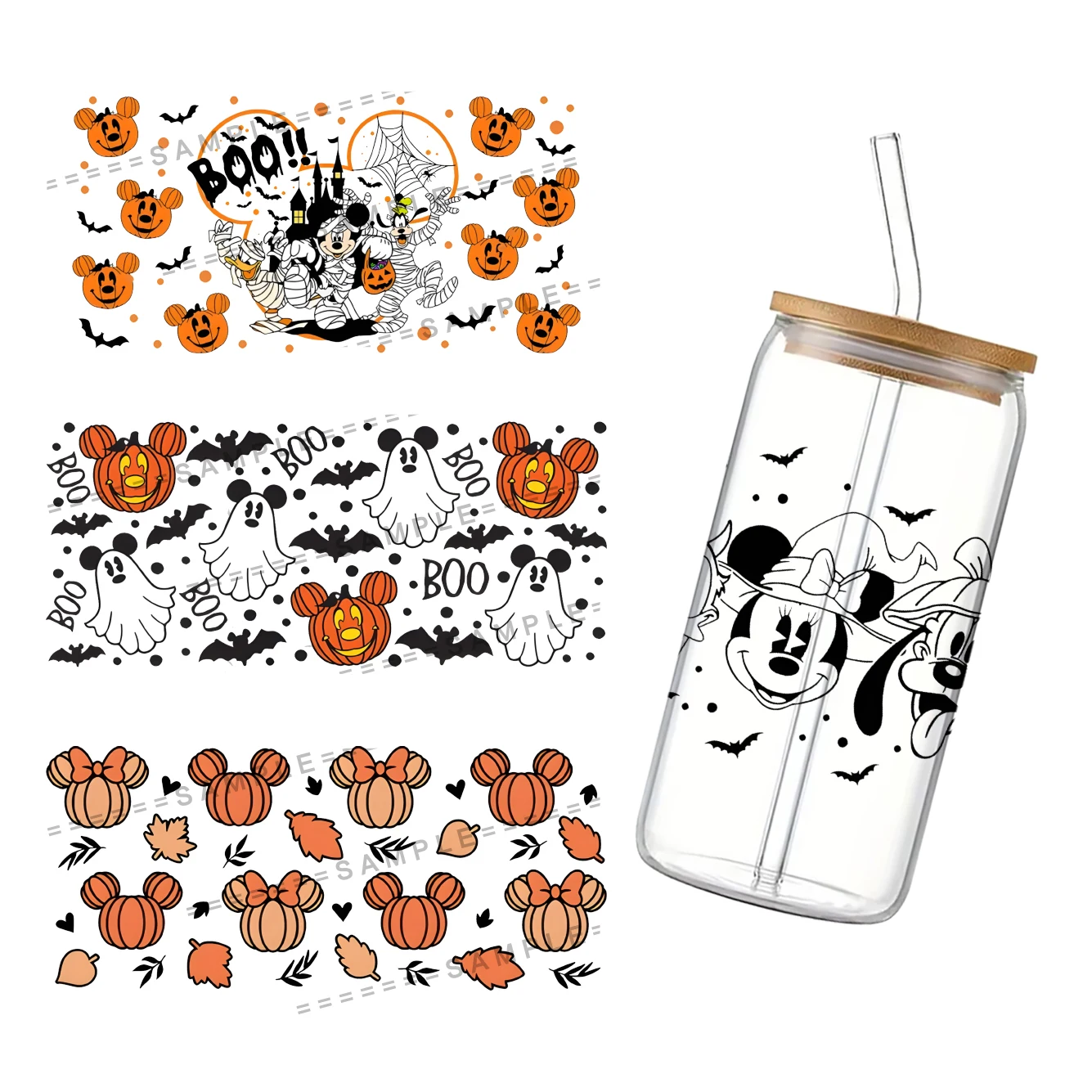 

11x24cm Disney Mickey Halloween Theme For Libbey 16oz Can Glass 3D Waterproof UV DTF Coffee Can Wrap Libbey Glass Wrap