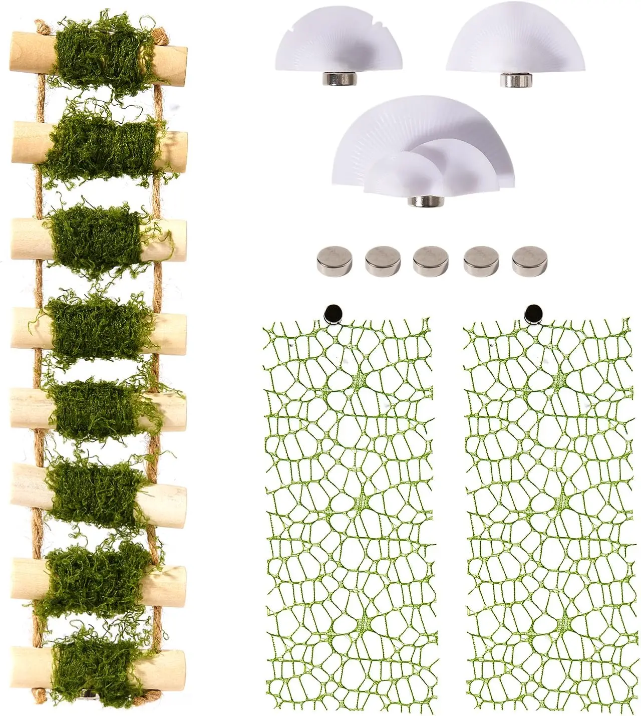 6Pcs Jumping Spider Climbing Accessories Set, 1 Wooden Rope Bridge, 3 Mushroom Platform, 2 Climbing Net Decoration