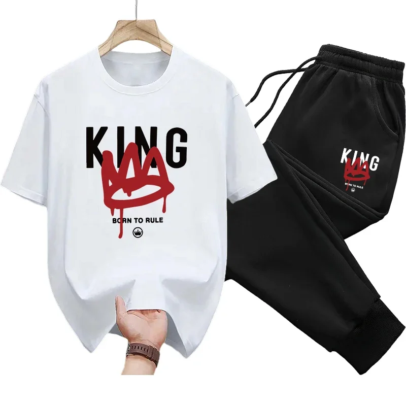 

2025 New Trend Men's Tracksuit King Print T-shirts Trousers Male Home Outdoor Casual Sport Cool Outfits Urban Fashion Sportswear