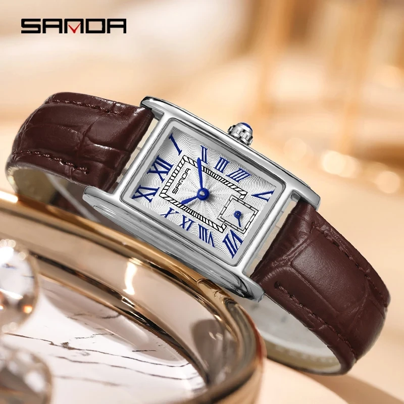 SANDA 1116 Quartz Watch  Women Elegant Design Rectangle Dial Watches Waterproof Pointer Leather Business Ladies Wristwatches