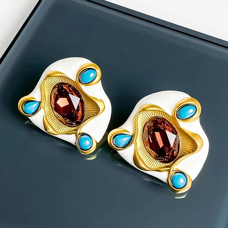 Huitan Gorgeous Two Tone Women Stud Earrings Inlaid Orange Red Shiny CZ Special Design Party Daily Luxury Lady Delicate Jewelry