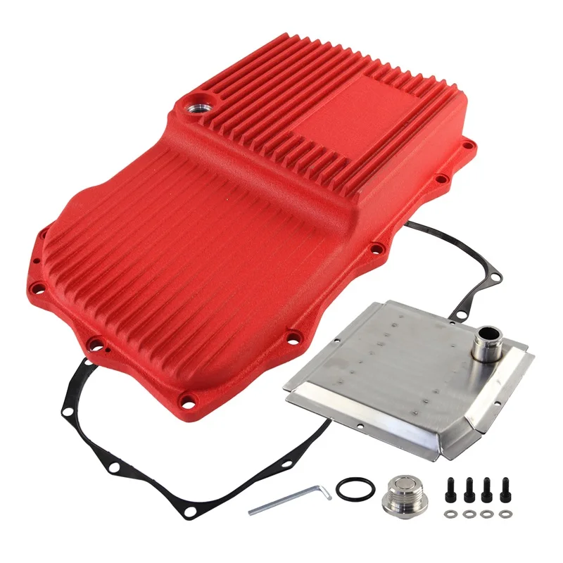 

Compatible 2013-24 RAM/Dodge/Jeep/BMW ZF 8-Speed, 6/8 Cyl,- Heavy-Duty Aluminum Deep Transmission Pan, Black/Silver/Red