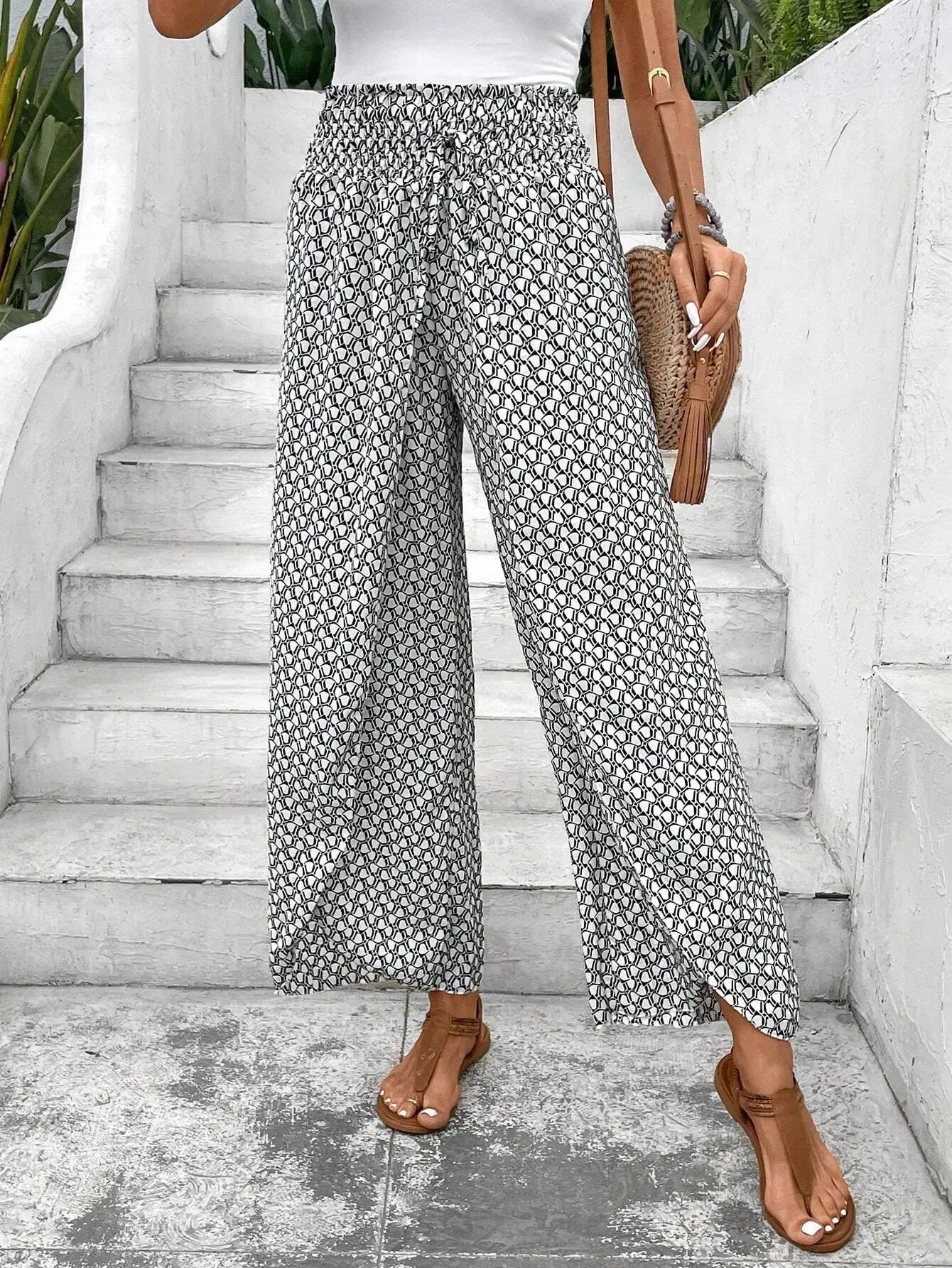 Side Slit Wide Leg Skirt Pants For Women In Summer Autumn 2024 Fashionable And Versatile Elastic Waistband Tied With Floral Pant