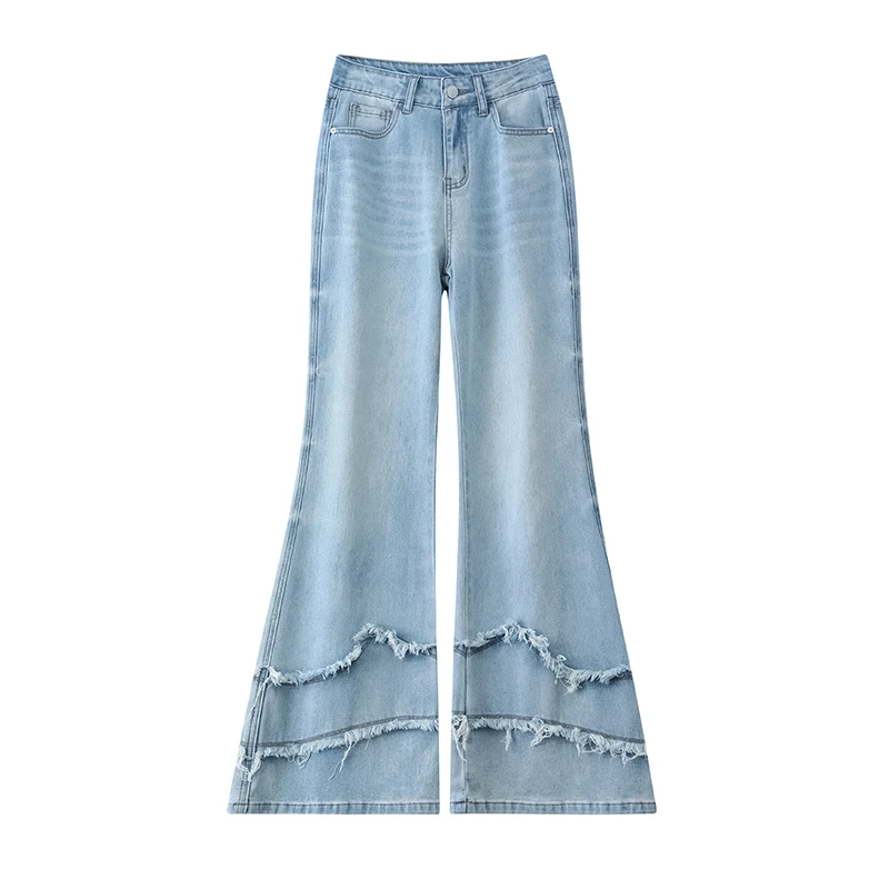 

Vintage Flare Jeans For Women 2026 Spring New Light Wash High Waist Elastic Frayed Hem Wide Leg Denim Pants