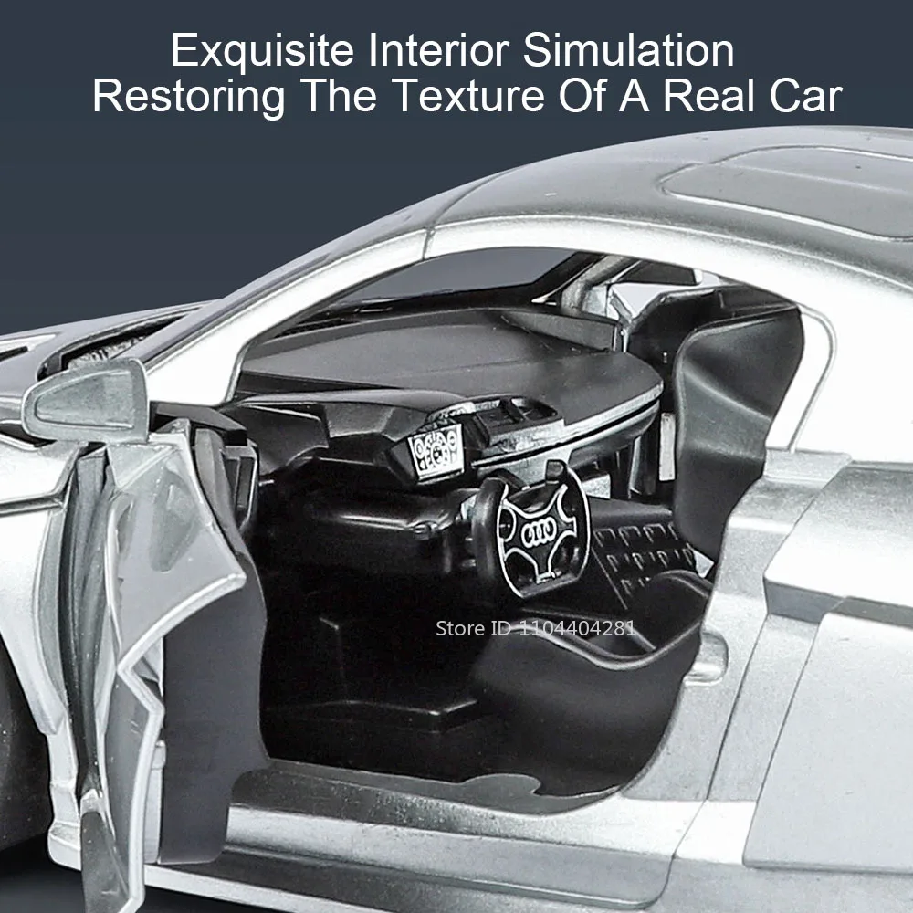 Coche de aleación R8 LMS GT2 A6L 1:24, modelo fundido a presión, juguetes, sonido, luz, vehículos en miniatura, puertas, coches abiertos, regalos para niños