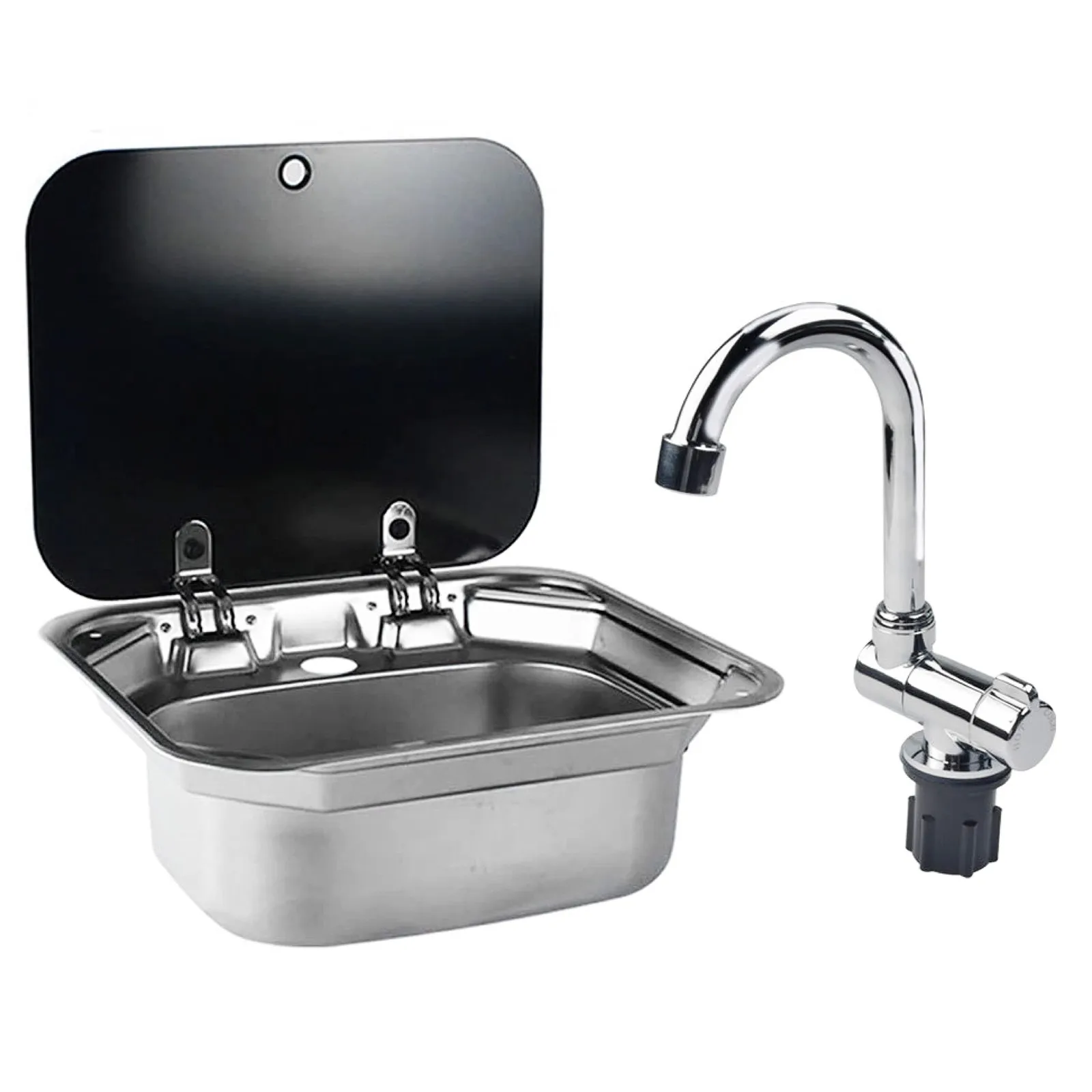 RV Caravan or Boat Stainless Steel Hand Wash Basin Sink with Folded Faucet Tempered Glass Lid van Camper Trailer Accessories