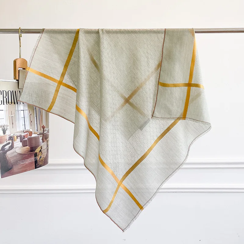 100% PURE CASHMERE Square Shawl Pale Sage Green Diagonal Gold Grid Double Sided Bandana Women Minimalist Travel Luxury Gift