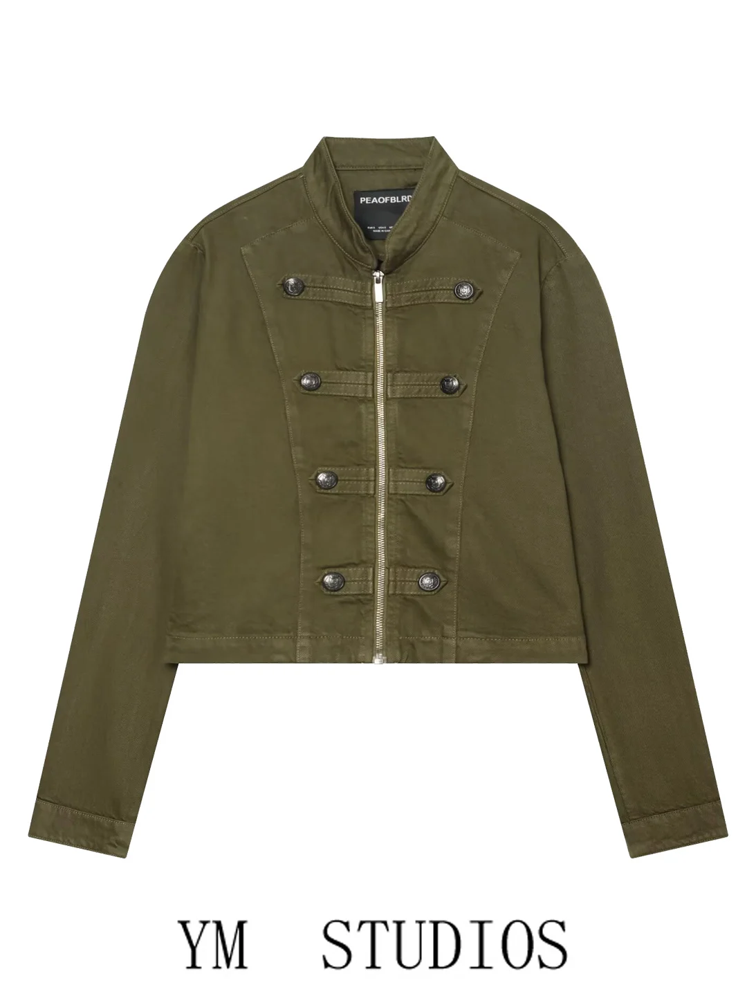 Women's Retro Military Green Short Jacket Coat Stand Collar Double Row Buttons Autumn Top Polyester Fiber Long Sleeve