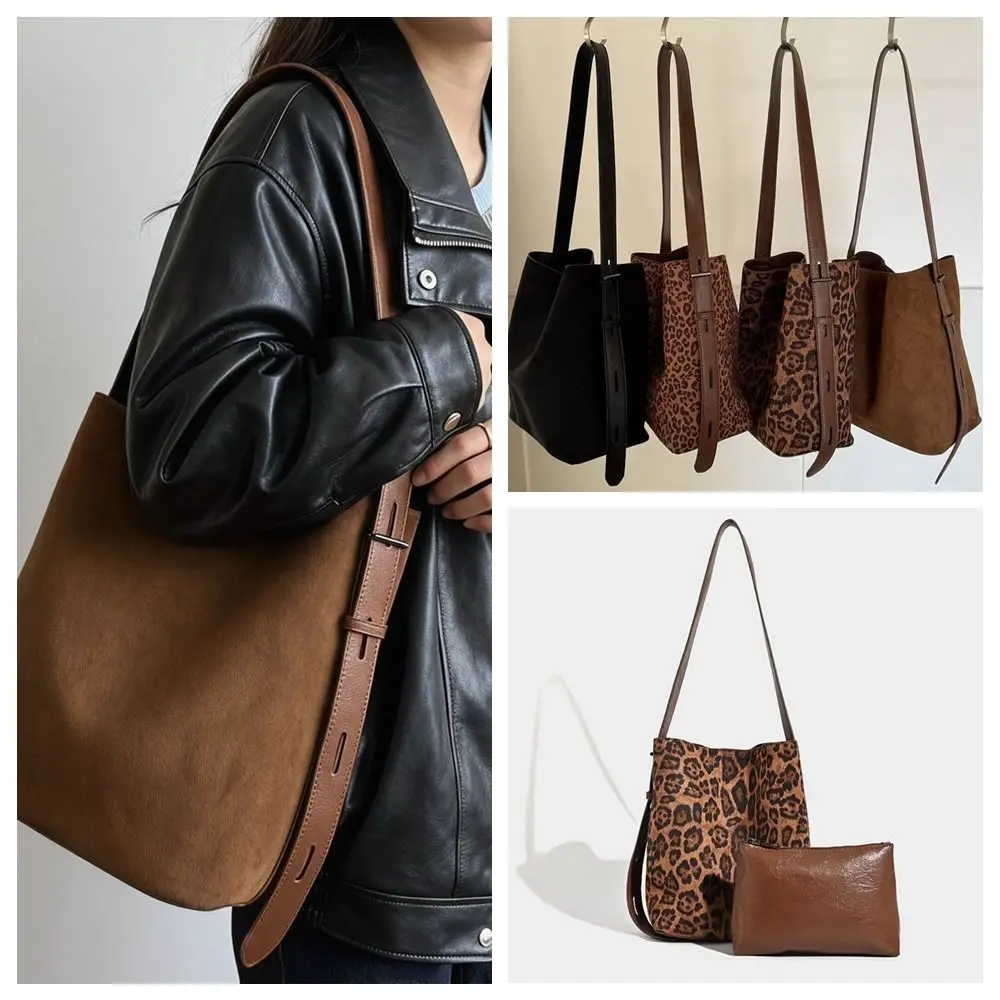 

Trendy Large Capacity Suede Bucket Bag Fashion Korean Style Leopard Print Shoulder Bag Handbag Solid Color Underarm Bag Travel