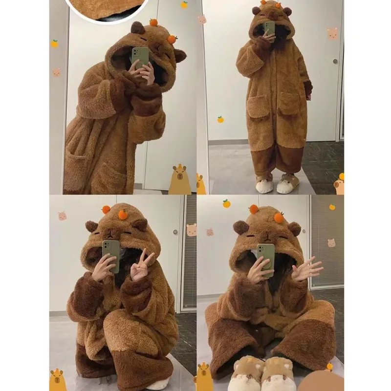 Capybara-Pyjama Cosplay en Velours pour Adultes et Enfants, Combinaison Marron Mignonne, Places Moelleuses, Optique, Pyjama en Peluche, Vêtements