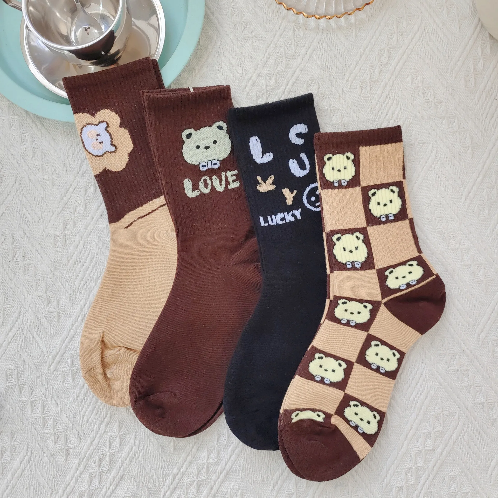 Women's Socks Kawaii Harajuku Streetwear Cute Bear Striped Checkerboard Check Moisture Absorbent Lady Girl Gift Short Crew Sock