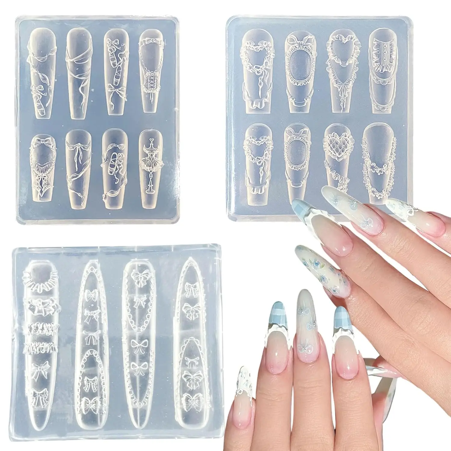 

3PCS 3D Silicone Nail Art Molds, Bow and Lace Pattern Templates for Manicure Design