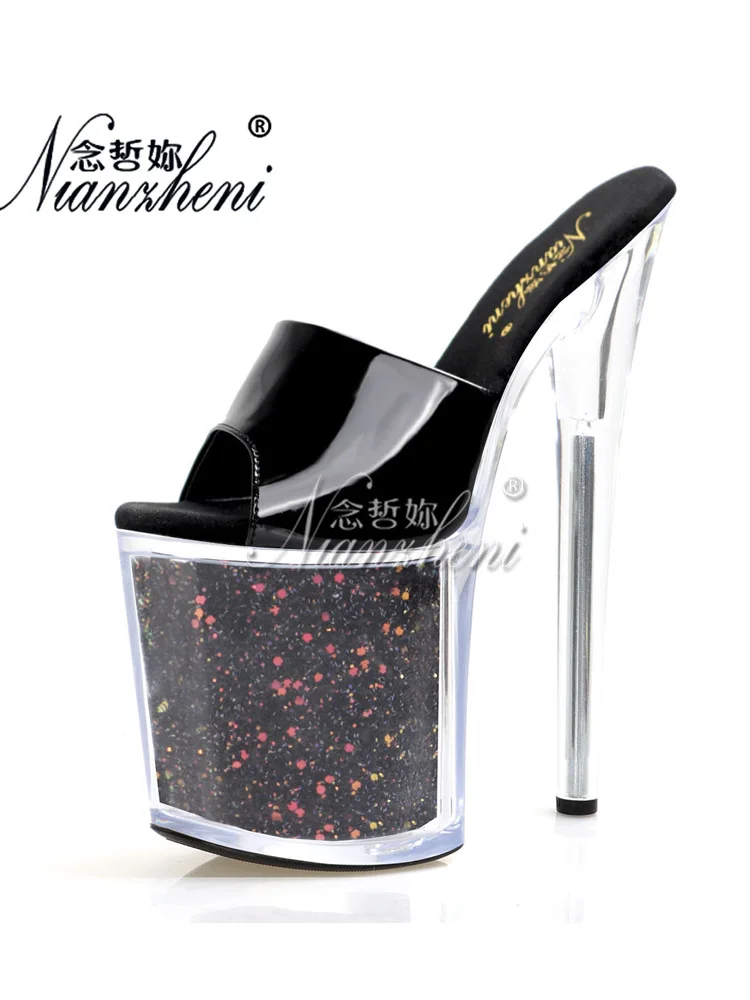 Crossdresser Fashion Black Pole Dance 6 Inch Platform Slippers Womens night club sandal Exotic Dancer 20cm Peep Toe Thin Heels