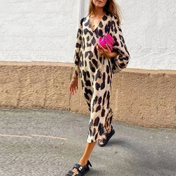Fashion Casual Leopard Print Loose Maxi Dress Streetwear Sexy V Neck Lantern Long Sleeved Splited Dresses 2024 New Party Dresses