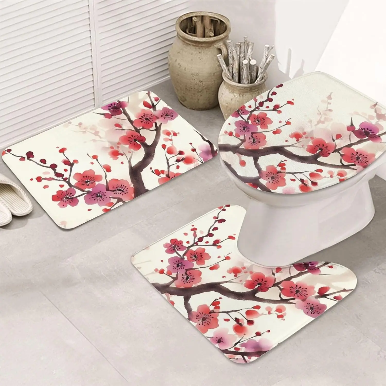 Japanese Spring Plum Floral Bathroom Rug Set - 3 Piece Non Slip Shower Mats With U-Shaped Contour Toilet Mat,  Bathroom Floor