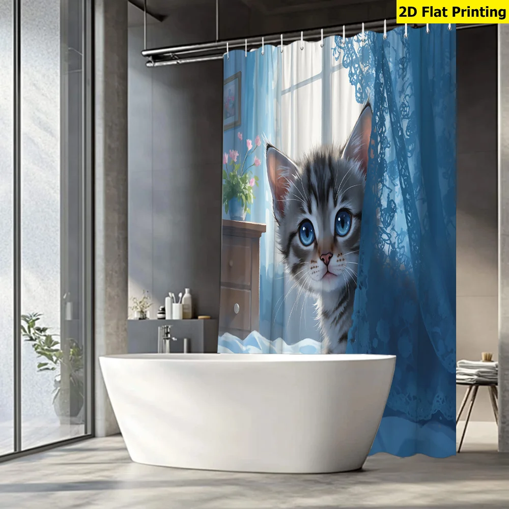 Shower Curtain Luxury Shower Curtains for Bathroom 2D Flat Shower Curtain, 1 Piece, Tabby Kitten Peeks Through Blue Curtain