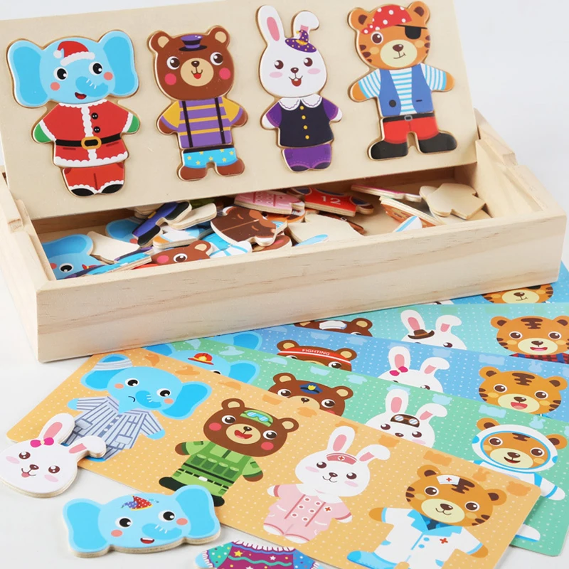 Elephant Bear Change Clothes Children\'s Early Education Wooden Jigsaw Puzzle Dressing Game Baby Puzzle Toys For Children Gift