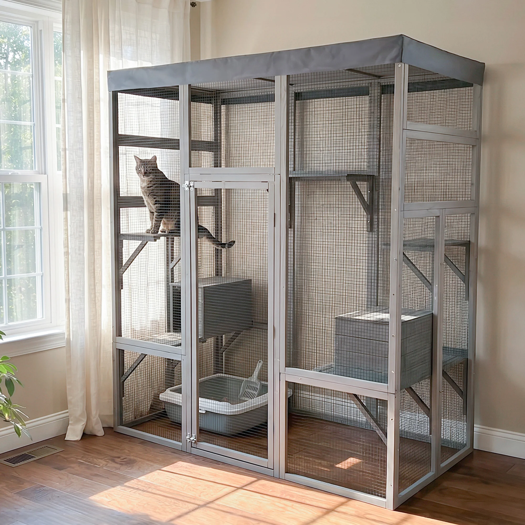 Gray Wooden Catio Pet Enclosure with Waterproof Top, Spacious and Secure Cat House & Small Animal Cage,2 Napping Boxes view 4