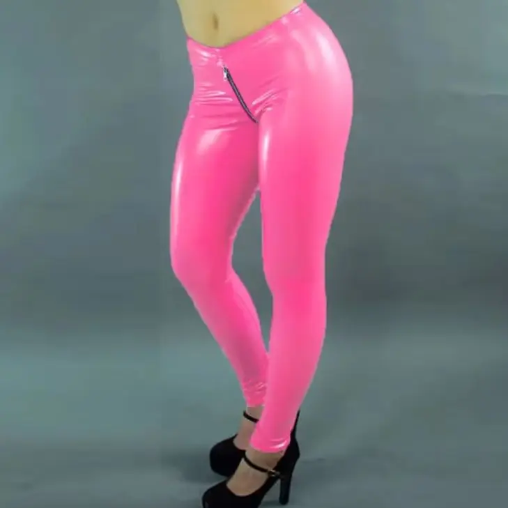 Women Sexy Faux Leather Open Crotch Pants Ladies Low Waist Stretch PU Trousers Nightclub Clothing Support Custom