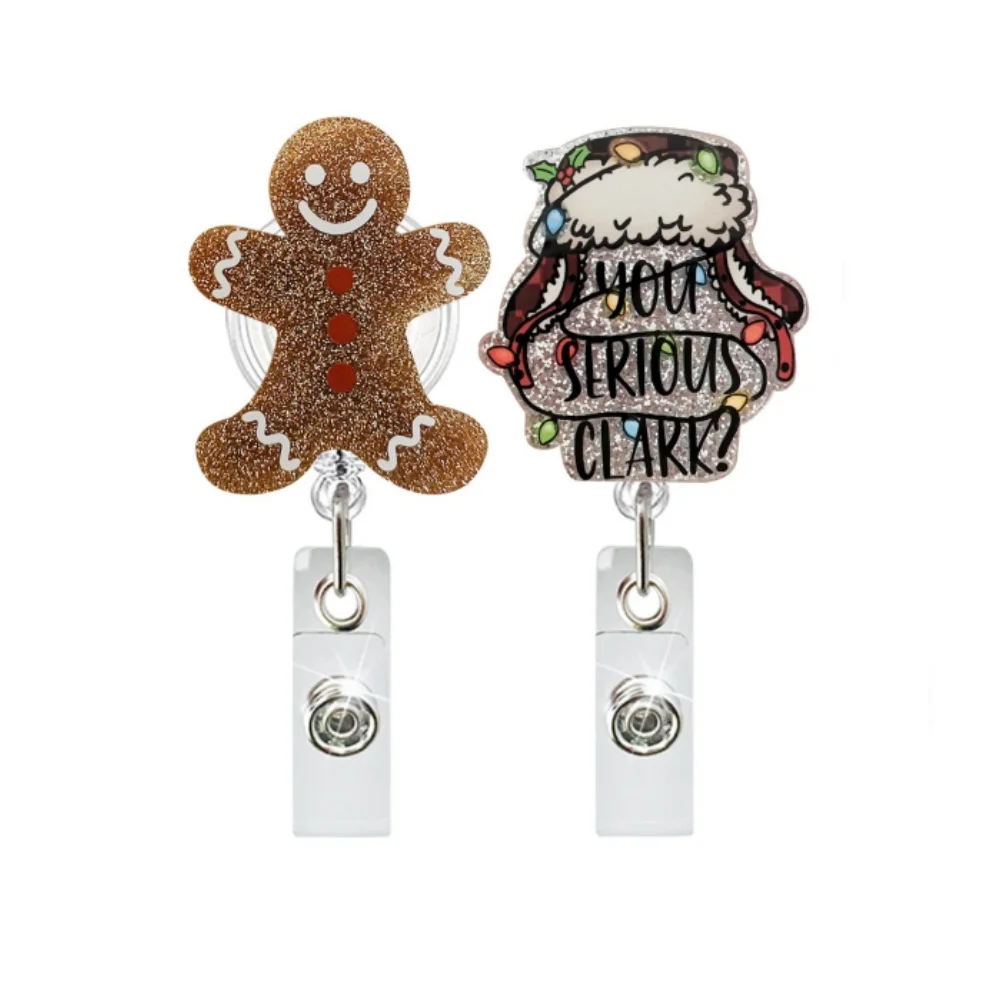 Christmas Acrylic Quicksand Dog Santa Claus Christmas Tree Glitter Gingerbread Man Rotating Retractable Badge Reel Badge Holder