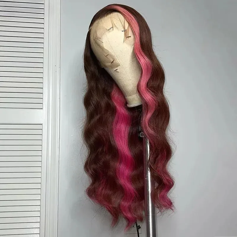 Perruque Lace Front Wig synthétique lisse à reflets bruns et roses, 13x4, HD, pre-plucked, sans colle, résistante à la chaleur au quotidien