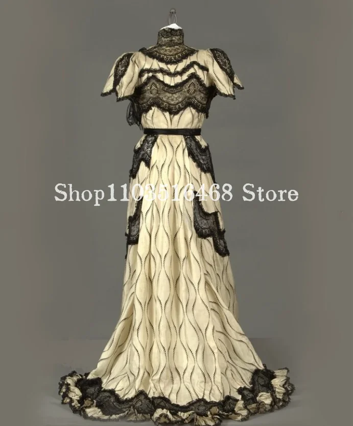 1840s Mid Century Prom Dress High Neck Lace Short Sleeve Black and White Prom A-Line Floor Length Evening Gown