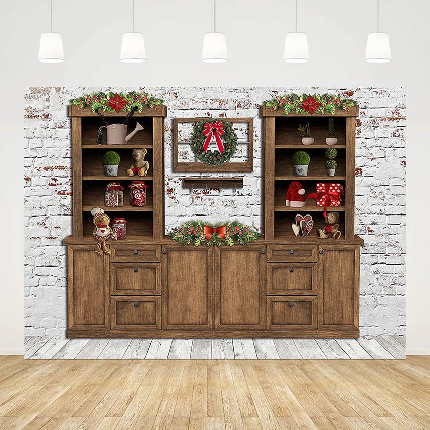 

Mehofond Christmas Backdrop for Photography Brick Wall Cupboard Xmas Wreath Gifts Kid Holiday Background Photo Studio Photobooth