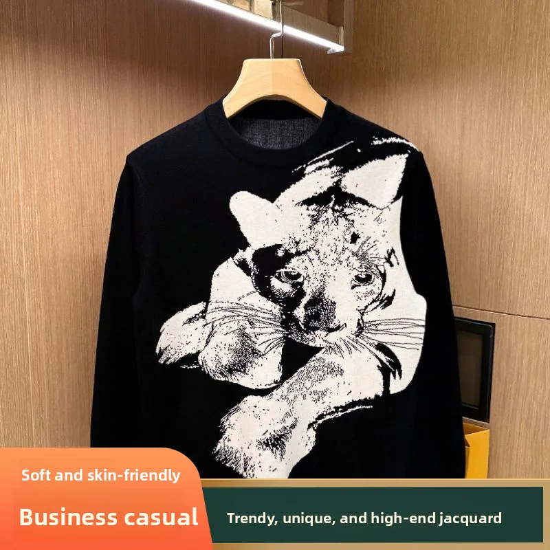 

Trendy Unique Knitted Slim Fit Men's Sweater High Quali Bla Warm Top Winter Ci Walk Cotton 00% Long Sve round Ne