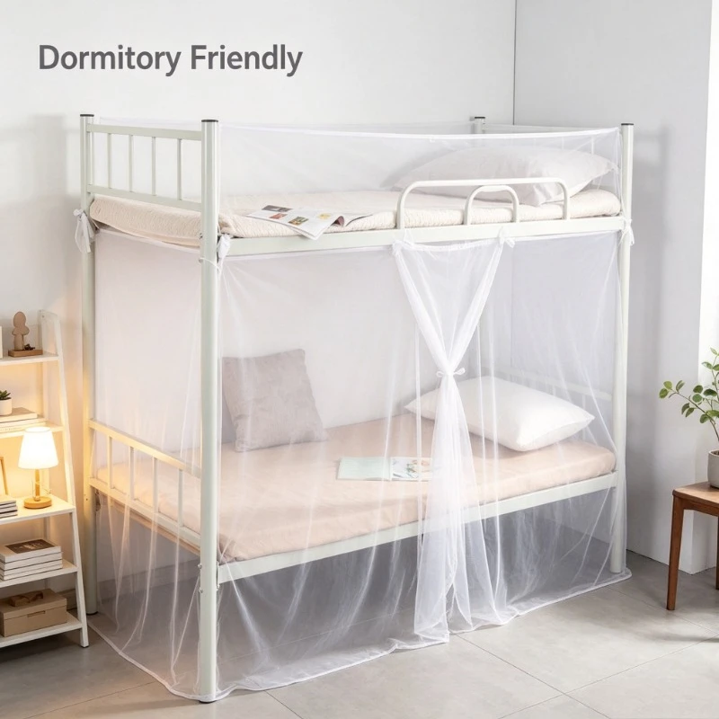 White Mesh Mosquito Net for Bunk Bed, No-Install Square Top with Zipper for Dorm & Single Bed